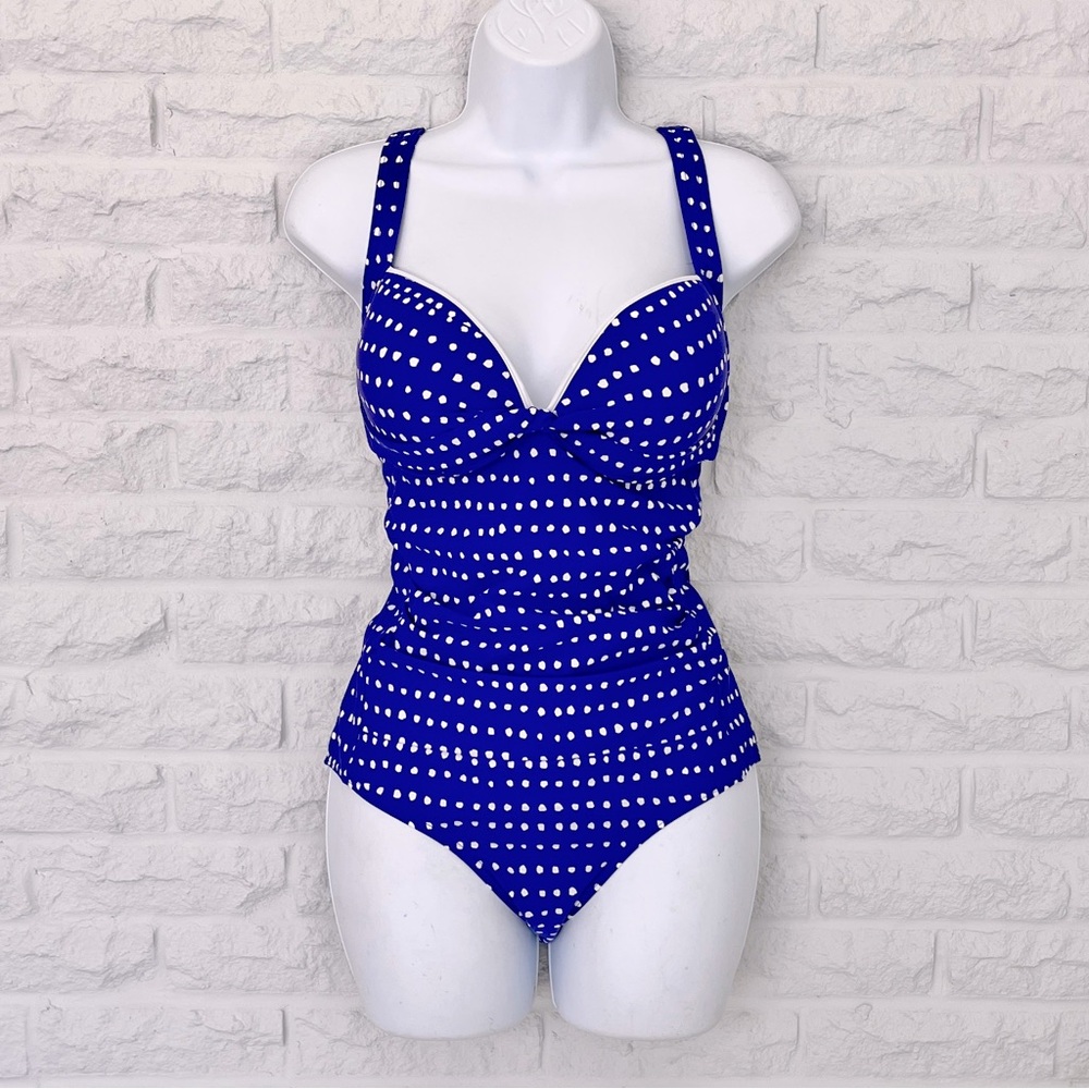 Moontide Blue and White Polka Dot Retro One Piece Bathing Suit, Size 12